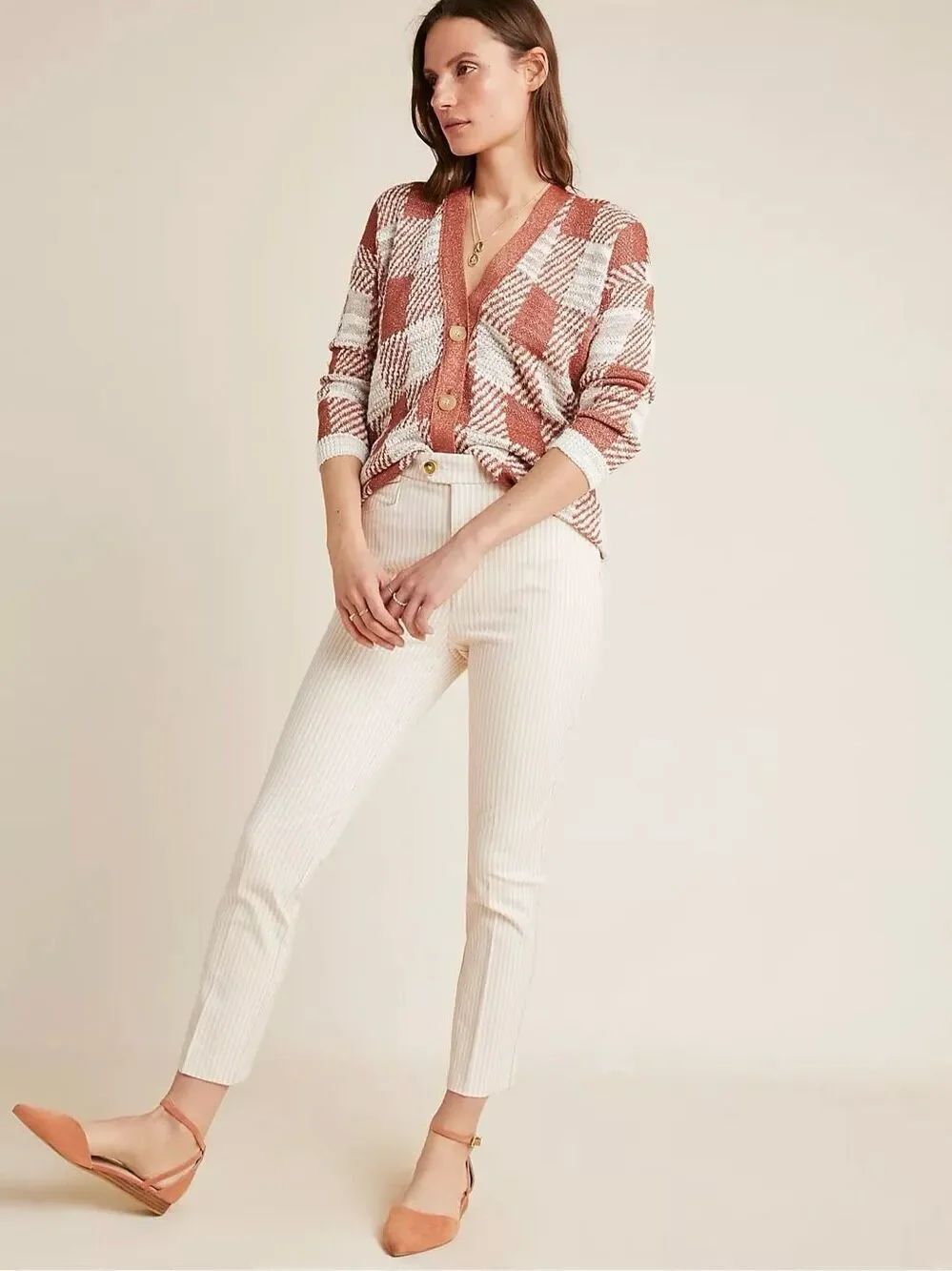 Anthropologie The Essential Slim Cream/Red Pinstripe Trousers Women’s Size 8